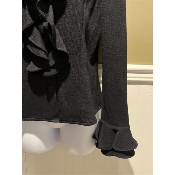 Vtg St John Black Santana Knit, Ruffled Front & Sleeve Cuff Jacket Size 2 EUC - Picture 8 of 8